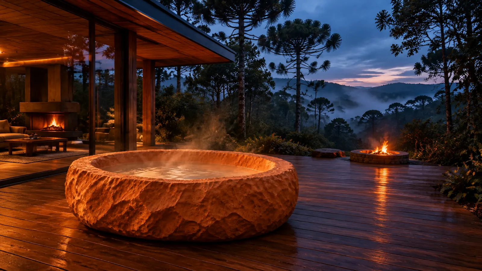 Casa de vidro na mata à noite, com a banheira de concreto no deck, lareira acesa e fogo de chão