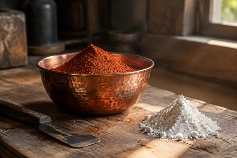 Pigmento terracota em tigela de cobre e cal sobre bancada de madeira