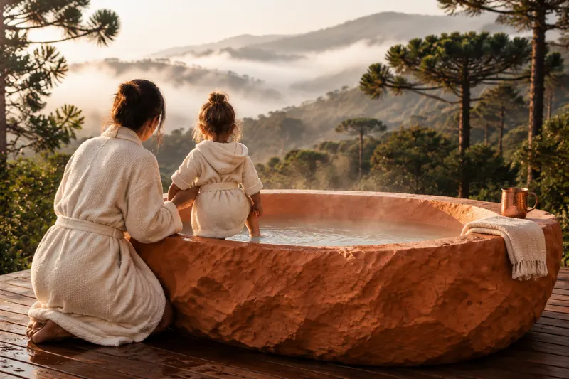 Mãe e filha de roupão no deck ao lado da banheira de concreto