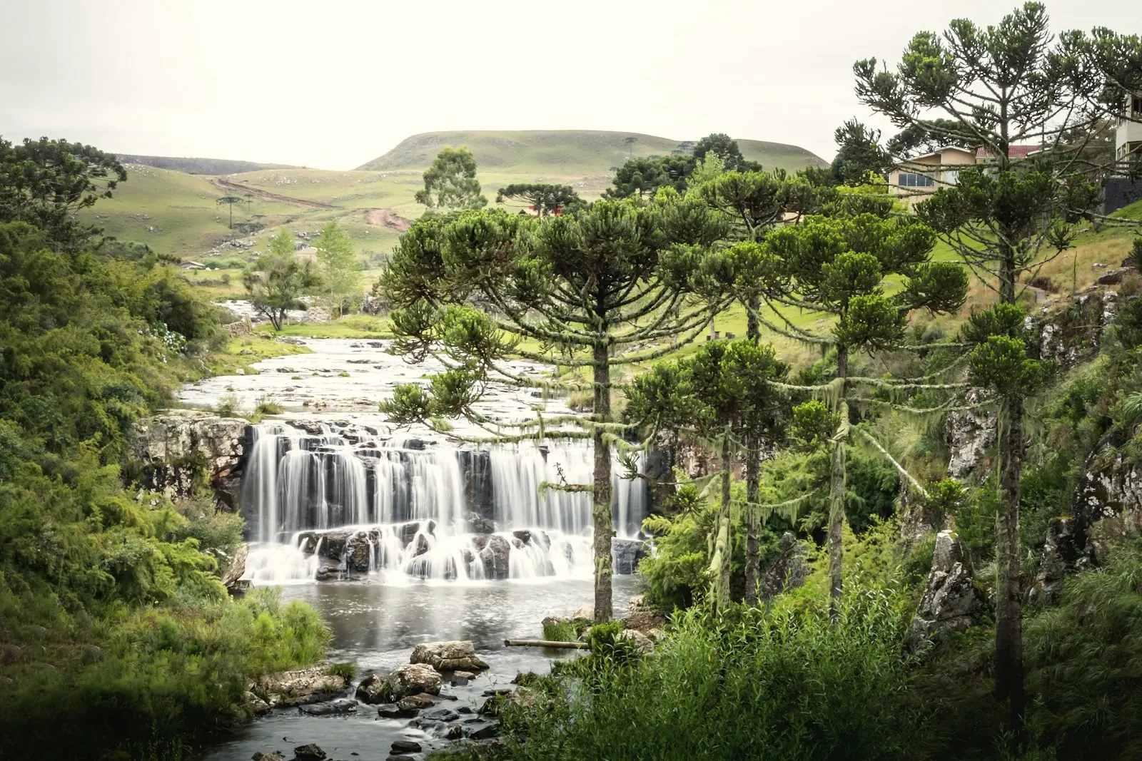 Cachoeira entre árvores e campos abertos