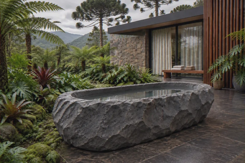 Banheira de concreto grafite facetada em pátio de spa, entre samambaias e bromélias, com pavilhão de pedra ao fundo