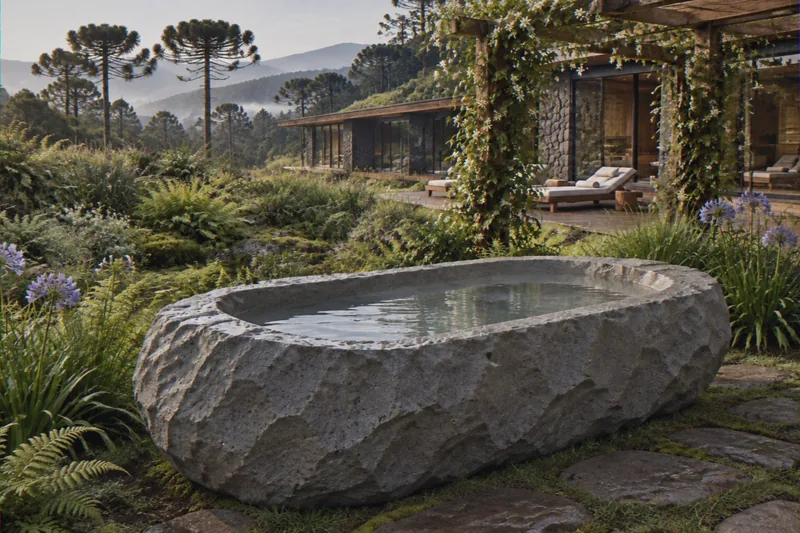 Banheira de concreto cinza facetada em jardim de spa, com pergolado e montanhas ao fundo