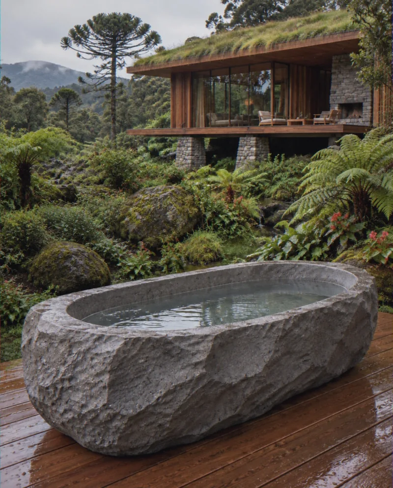 Banheira de concreto cinza facetada em deck molhado, com casa de madeira e telhado verde ao fundo
